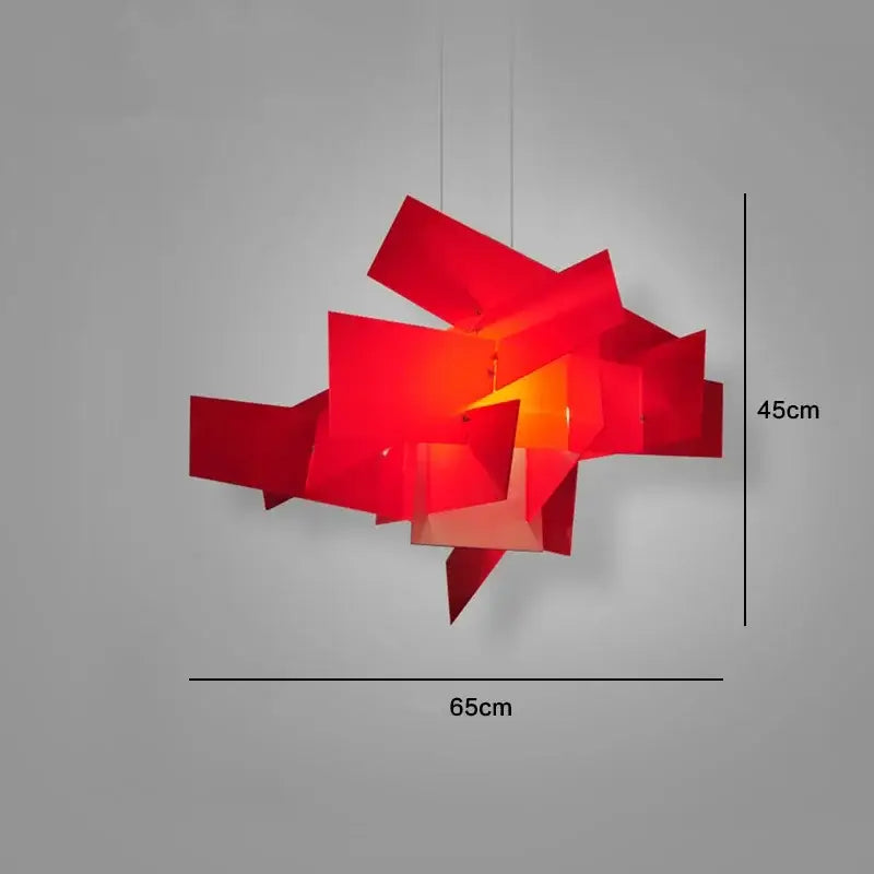 Vibrant red geometric pendant lamp with angular layered panels by decorbites big bang led for modern decor