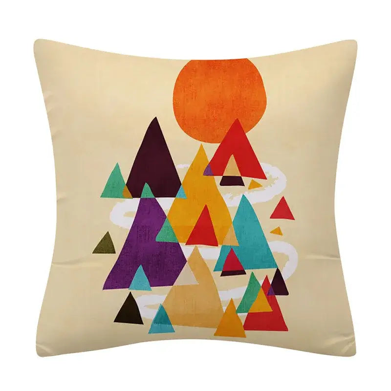 Beige cushion cover featuring a decorbites geometry pattern with colorful triangles and an orange sun for living room decor