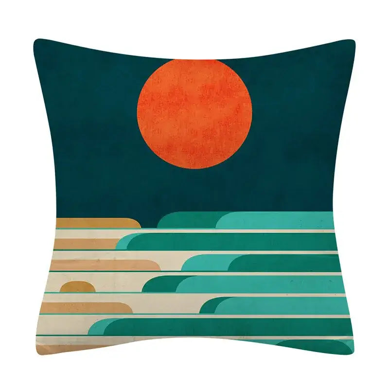 Abstract geometry pattern cushion cover with stylized orange sun and layered waves in teal, green, beige for living room decorbites geometry pattern