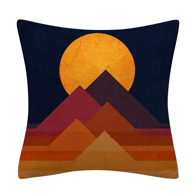 Square cushion cover with warm sunset geometry pattern in orange, red, and purple for living room decorbites geometry pattern