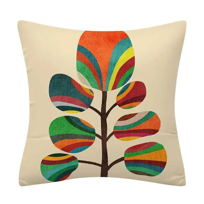 Cream-colored cushion cover with a decorbites geometry pattern featuring a stylized tree with rainbow-striped leaves