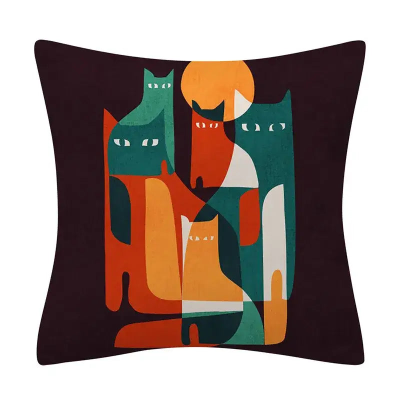 Square cushion cover with decorbites geometry pattern of teal orange and white stylized cats on dark brown background