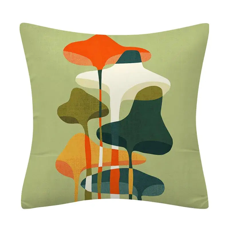 Square cushion cover with modern abstract floral decorbites geometry pattern in orange, white, olive green, and dark teal