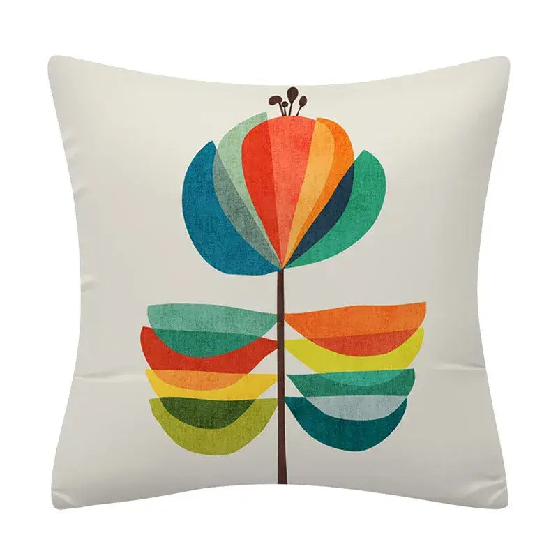 White square cushion cover with vibrant orange teal green floral design featuring decorbites geometry pattern for living room decor
