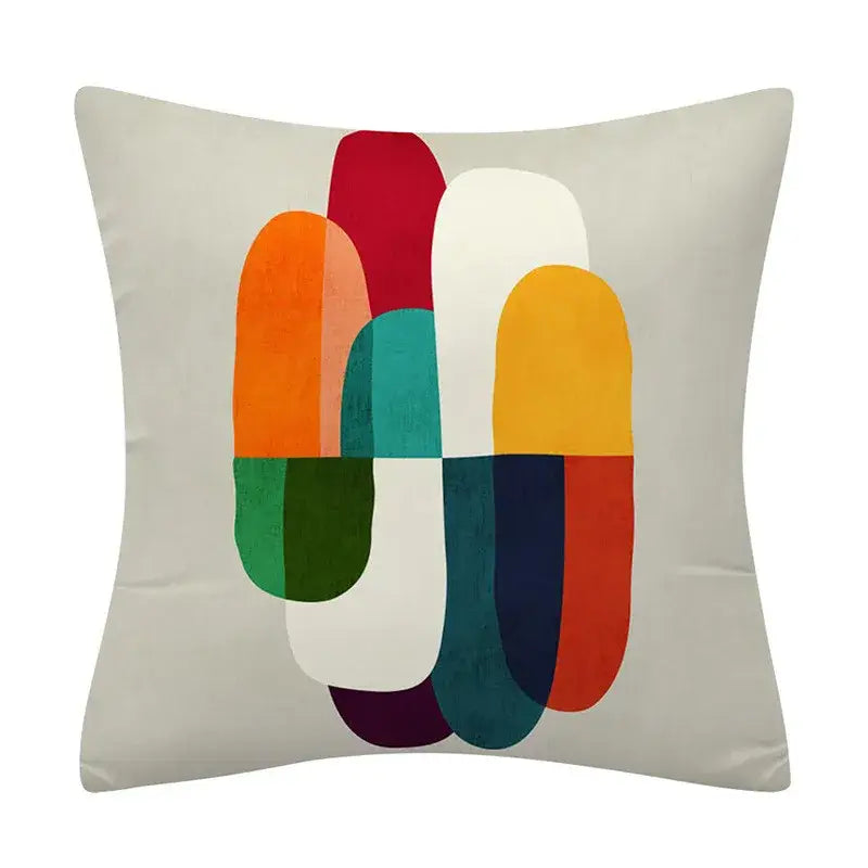 Square throw pillow with decorbites geometry pattern cushion cover featuring vibrant vertical stripes on light gray fabric