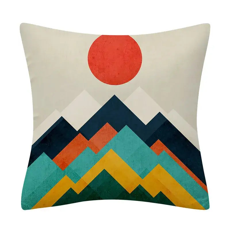 Square cushion cover with decorbites geometry pattern of teal orange and dark blue layered peaks and red sun design