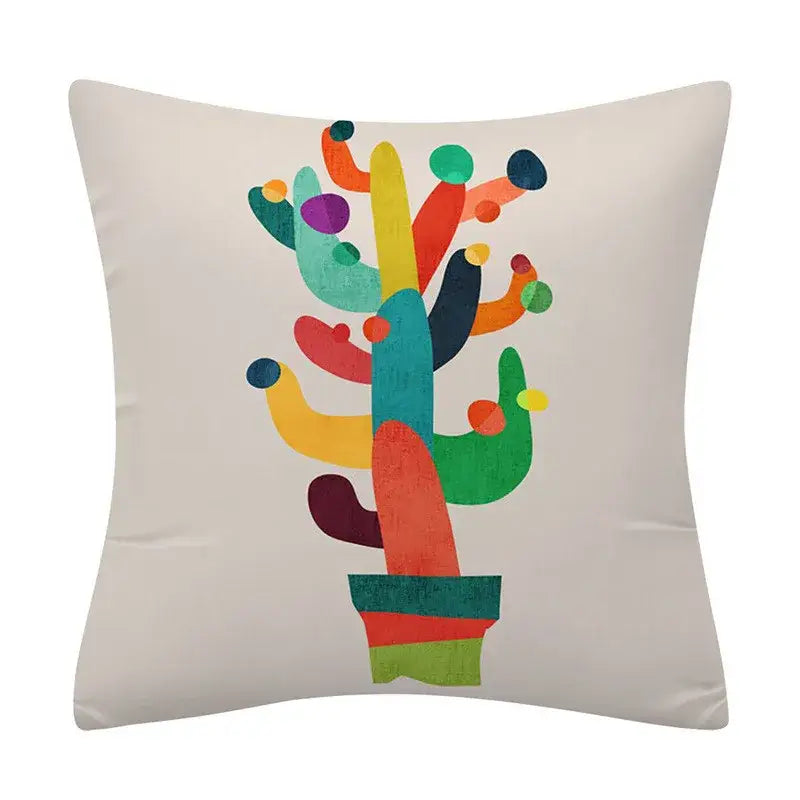 A vibrant multicolored abstract cactus design on an off-white decorbites geometry pattern cushion cover