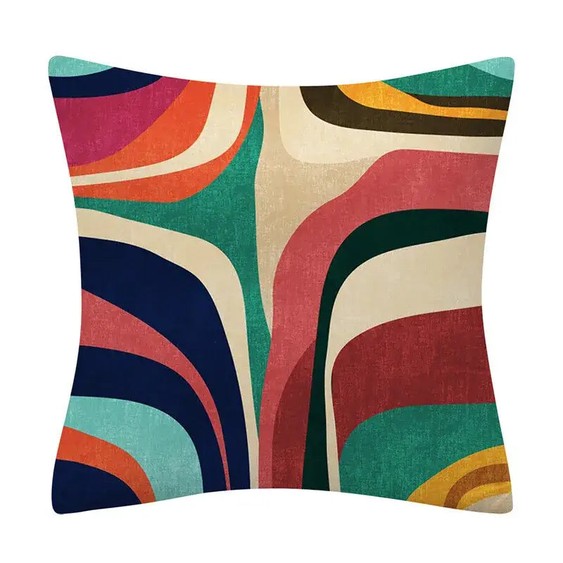 Abstract geometry pattern cushion cover featuring vibrant flowing curves in bold red teal navy and cream for living room decorbites geometry pattern