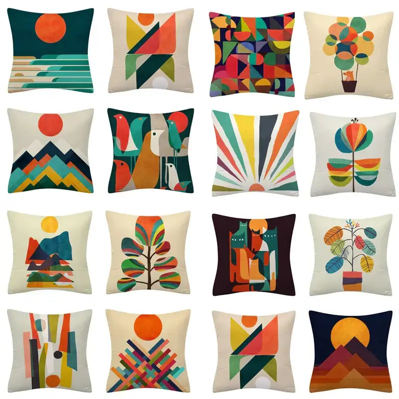 A collection of vibrant geometry pattern cushion covers in bold orange teal yellow and green for living room decorbites decor