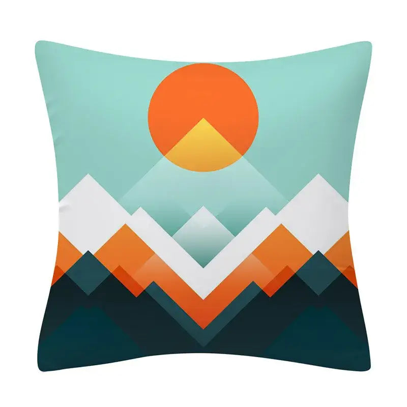 Abstract geometry pattern cushion cover featuring a modern geometric mountain landscape with orange sun and teal sky for decorbites geometry pattern decor