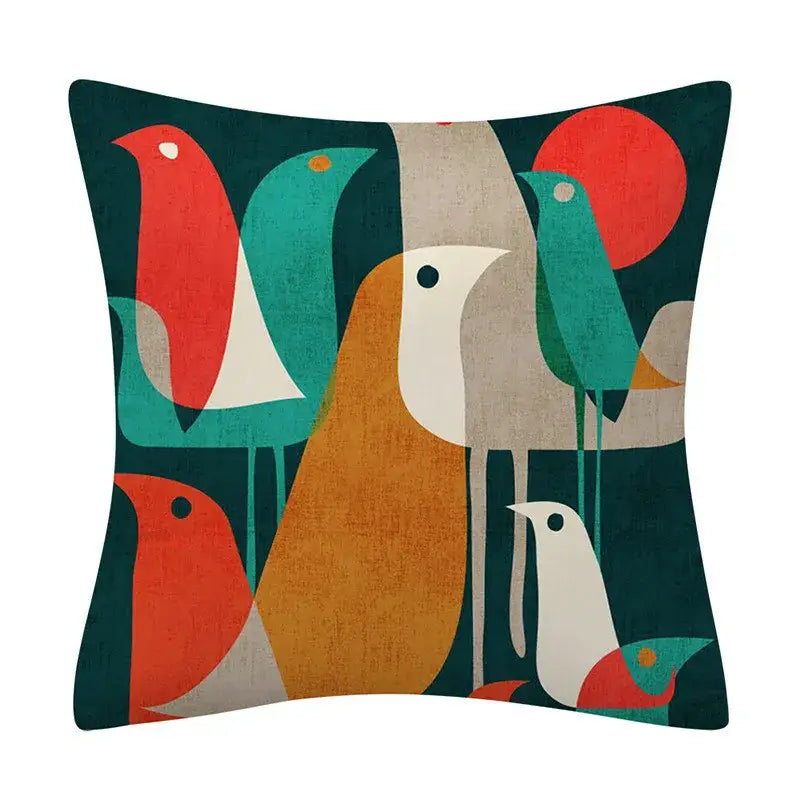 Square throw pillow with stylized birds in red teal orange on dark green decorbites geometry pattern cushion cover