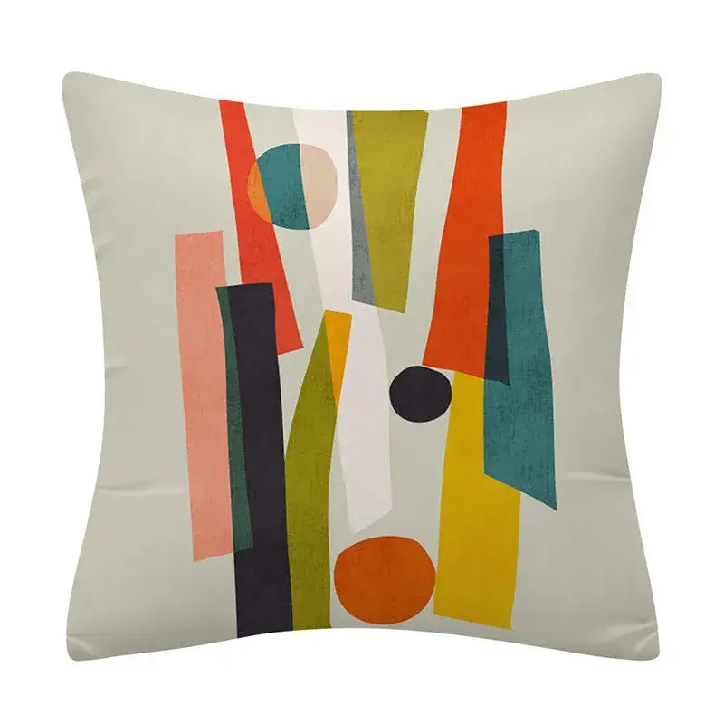 A square cushion cover with decorbites geometry pattern featuring multicolored stripes on an off-white background