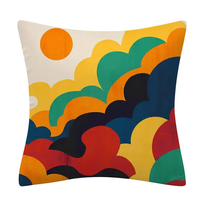 Square cushion cover with vibrant abstract decorbites geometry pattern in orange teal red and navy on cream background
