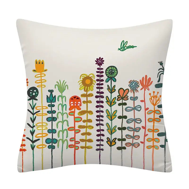 Square cushion cover with colorful stylized floral decorbites geometry pattern on white fabric for living room decor