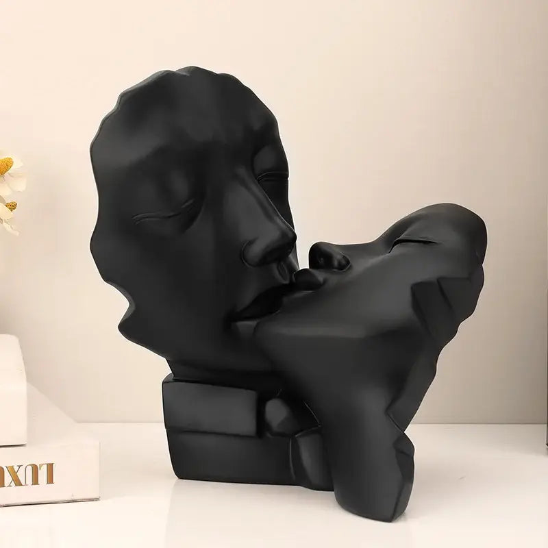 Black matte resin abstract gold head couple sculpture of two faces kissing for living room decorbites decor
