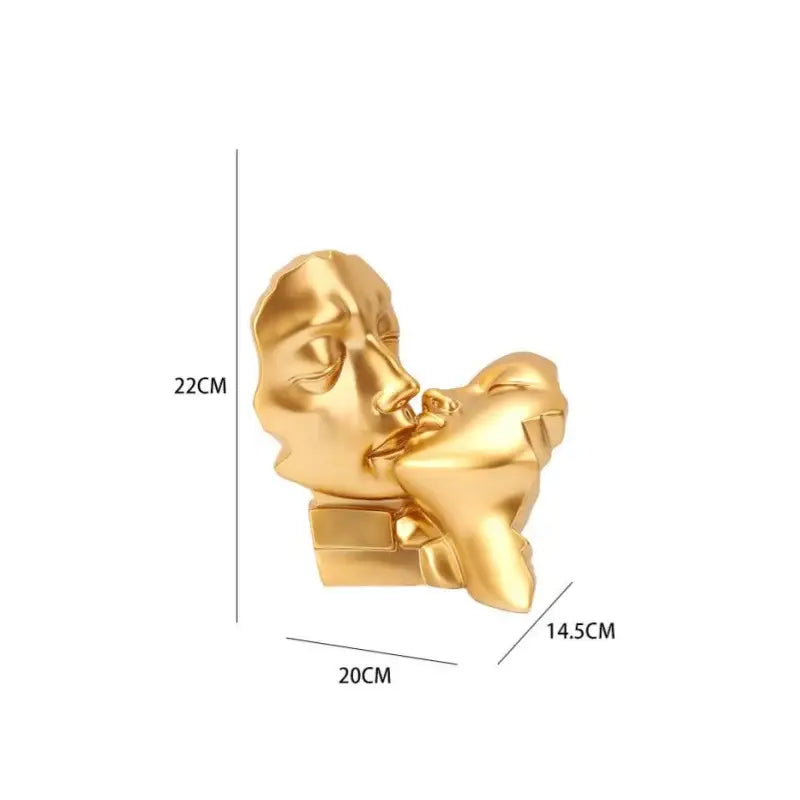 Golden metallic abstract gold head couple sculpture featuring two stylized faces kissing for living room decorbites decor