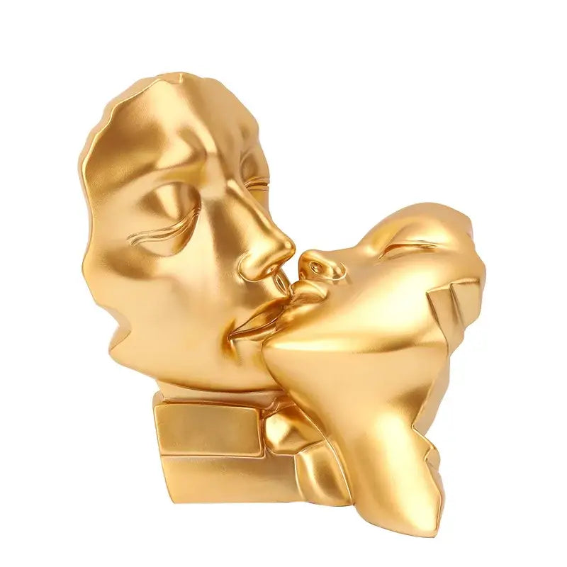 Golden metallic decorbites abstract gold head couple sculpture featuring two faces kissing for living room decor
