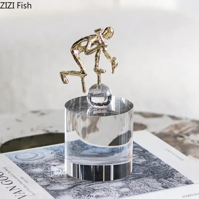 Abstract gold-colored intertwined figures desk decorbites crystal sculpture on acrylic base for living room display