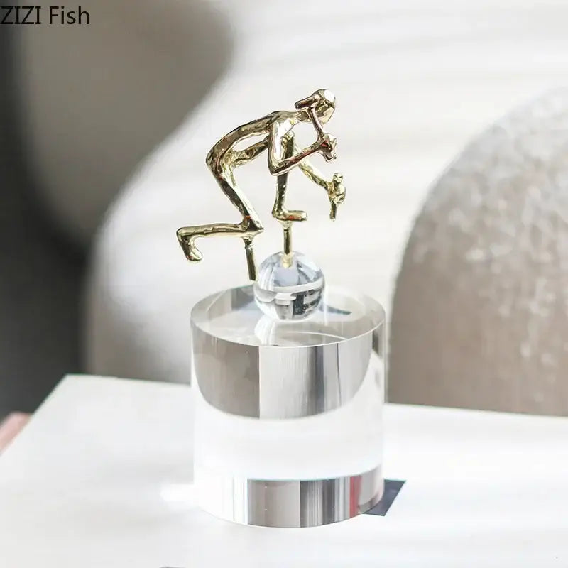 Abstract gold metallic runner figurine on clear acrylic base with silver bands decorbites crystal sculpture for desk decor