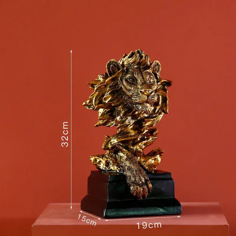 Golden lion resin sculpture figurine with detailed mane and paw on black base for living room decorbites lion resin decor
