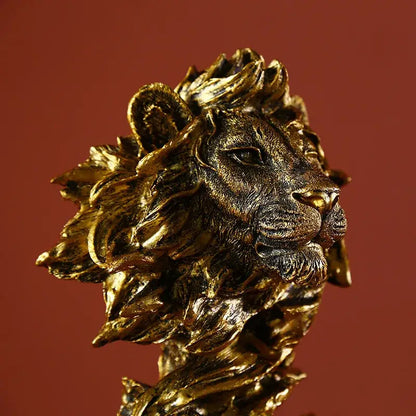 Abstract gold lion resin sculpture figurine with intricate mane details and polished metallic finish for living room decorbites lion resin