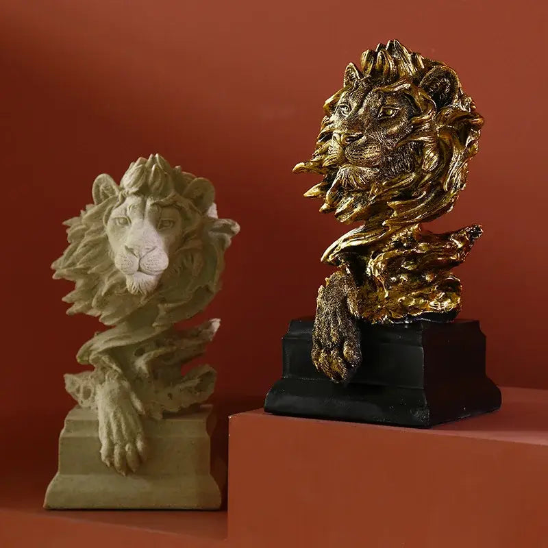 Abstract gold lion resin sculpture figurine with intricate mane details on black base perfect for living room decorbites lion resin