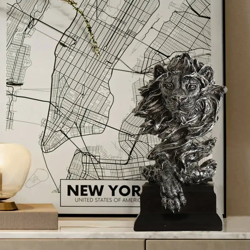 Silver lion head resin sculpture figurine with detailed mane mounted on black base for decorbites lion resin decor