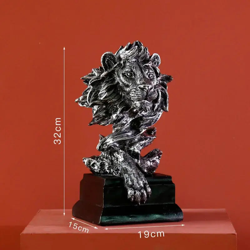 Silver-toned lion resin sculpture figurine with detailed mane and paw on dark green marble base for living room decorbites lion resin decor
