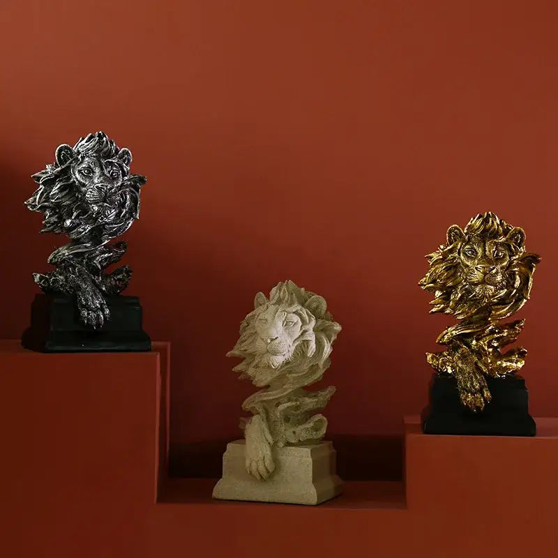 Abstract gold lion resin sculpture figurine with ornate silver, matte white, and gold finishes for living room decorbites lion resin