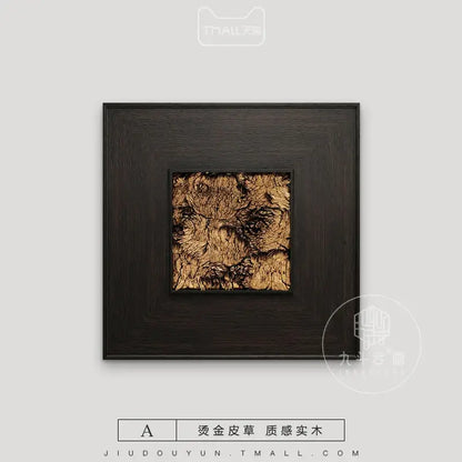 Square-framed decorbites fur decorative painting with textured golden leaf design in dark wood frame for living room decor