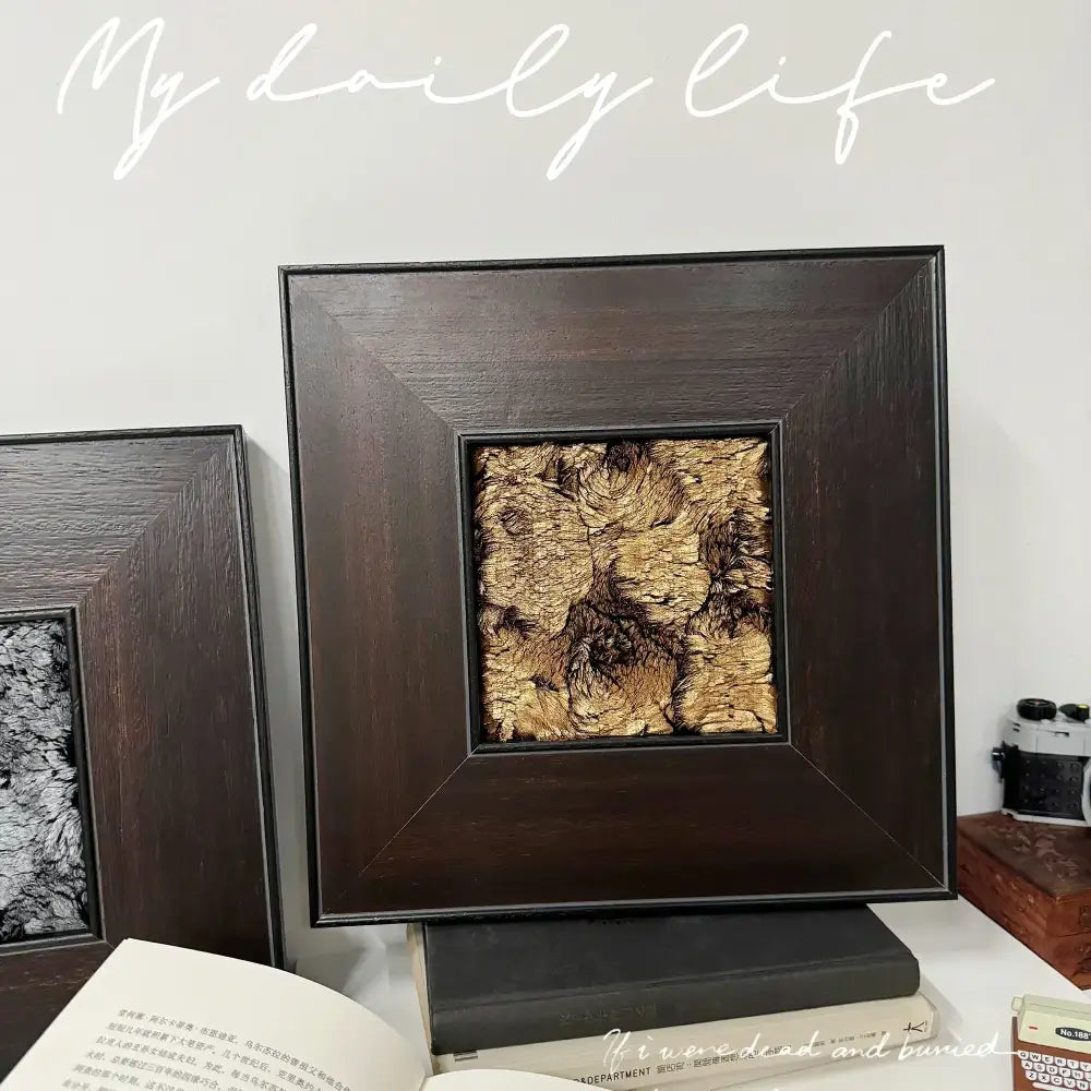 Dark wood-framed square abstract golden brown fur decorative painting for living room wall decorbites fur decorative