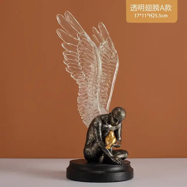Translucent winged angel figurine with dark bronze body and golden bird on black base decorbites abstract golden resin statue