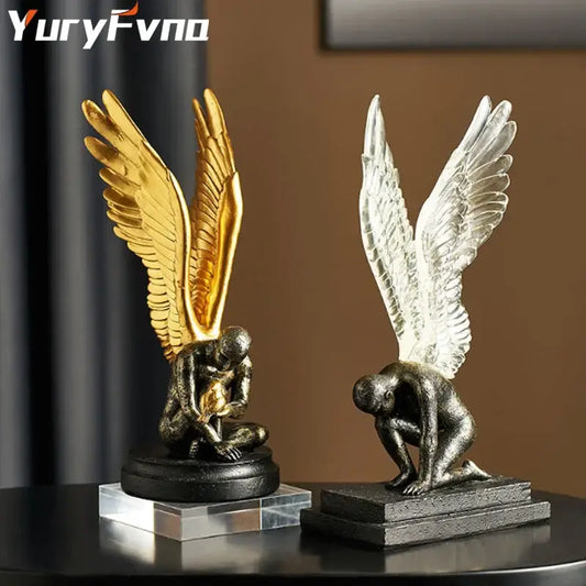 Abstract golden character winged angel resin statue with detailed feather texture on distinct bases for living room decorbites decor