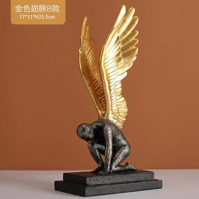 Golden-winged angel resin statue with dark textured body and detailed feathers for abstract golden character decorbites decor