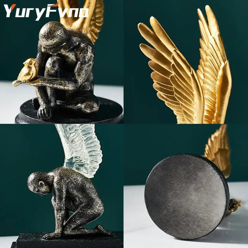 Bronze abstract golden character winged angel resin statue with golden and transparent wings on black base for decorbites decor