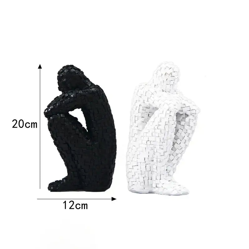 Black and white woven textured resin statue figurines of seated human figures for living room decor