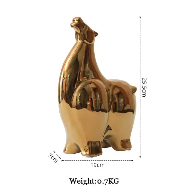 Gold resin statue featuring a glossy golden ceramic llama with a stylized elongated neck for elegant living room decor