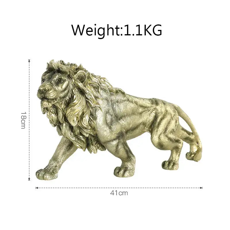 A detailed gold resin statue of a lion with a textured mane and muscular build for living room decor