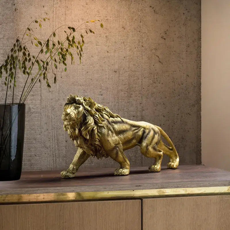 Abstract golden lion crown statue with detailed mane and muscular resin physique for decorbites lion crown decor