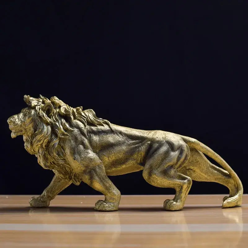 Abstract golden lion crown statue with detailed metallic finish mane and muscular physique for living room decorbites lion crown