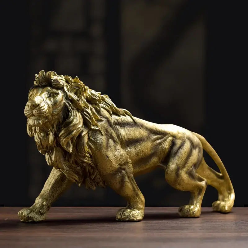 Abstract golden lion crown statue with detailed mane and muscular physique in metallic finish for living room decorbites lion crown
