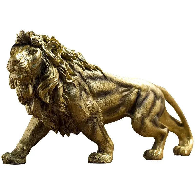 Golden lion crown statue with detailed mane and muscular physique by decorbites for elegant living room decor