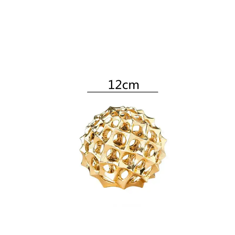 Abstract golden metal hollow ball spike ornament with geometric lattice design 12cm for living room decor