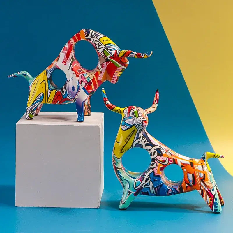 Vibrant graffiti-style ceramic colorful bull statue with bold reds yellows and blues perfect for living room decorbites decor