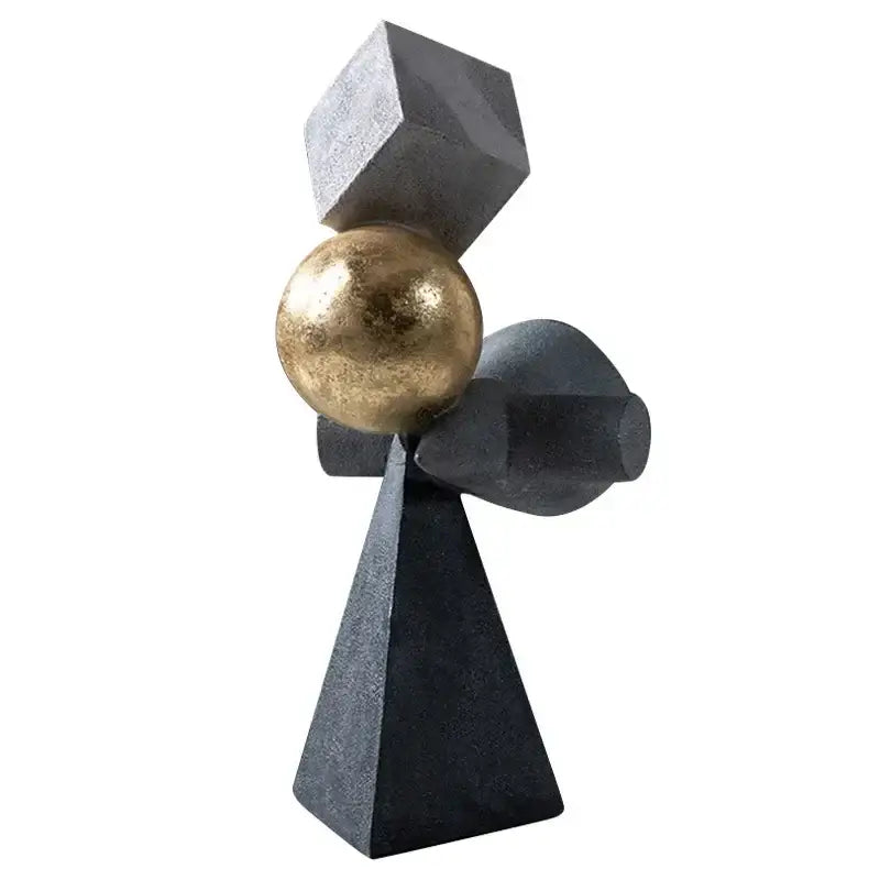 Abstract gray and gold ball sculpture with geometric gold ball and matte black base for decorbites geometric gold decor