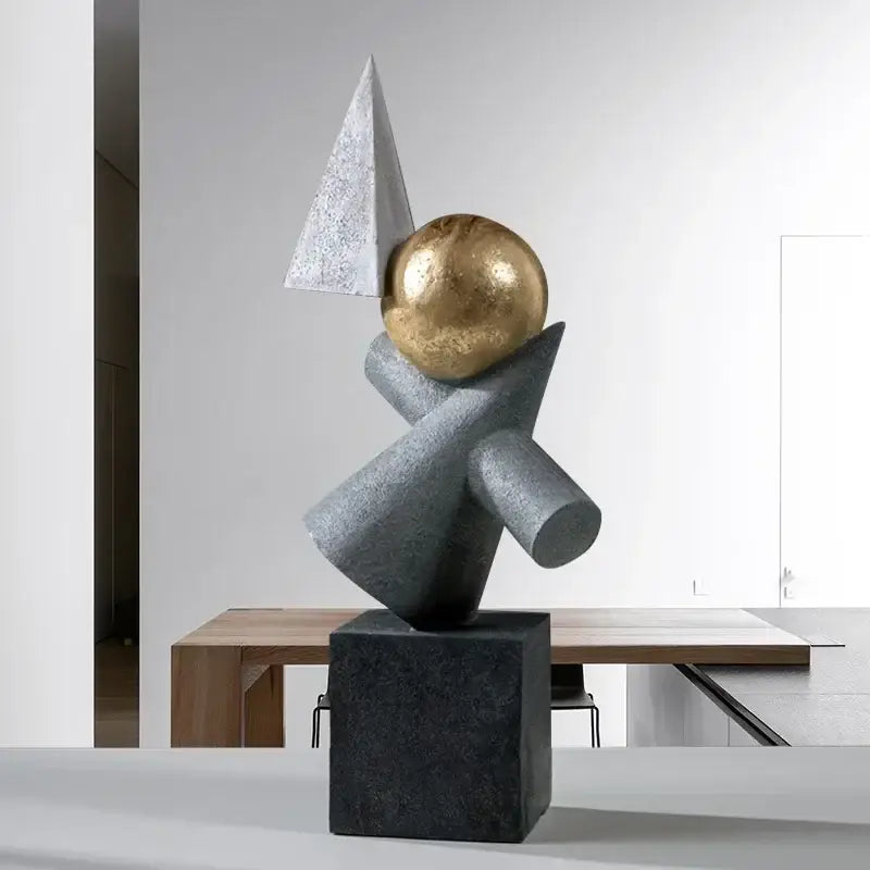 Abstract gray and gold ball sculpture decorbites geometric gold ball with a silver triangular crown for living room decor