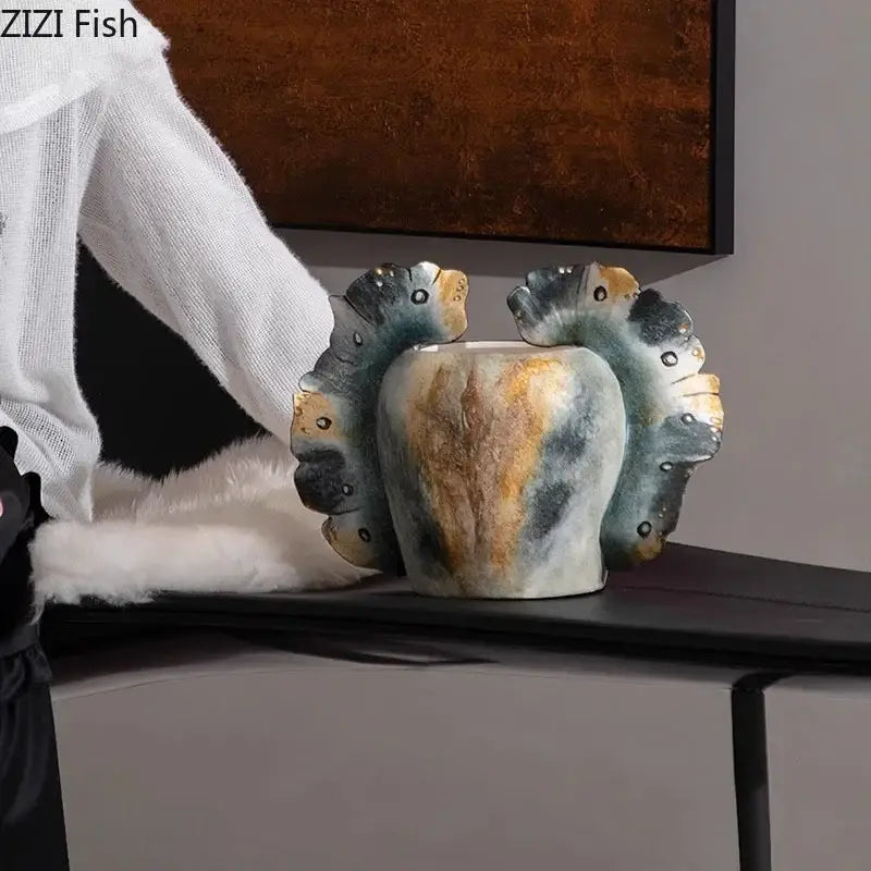Hand-carved stone candle holder with butterfly wings vase design in green gray and amber for bedroom ceramic decor