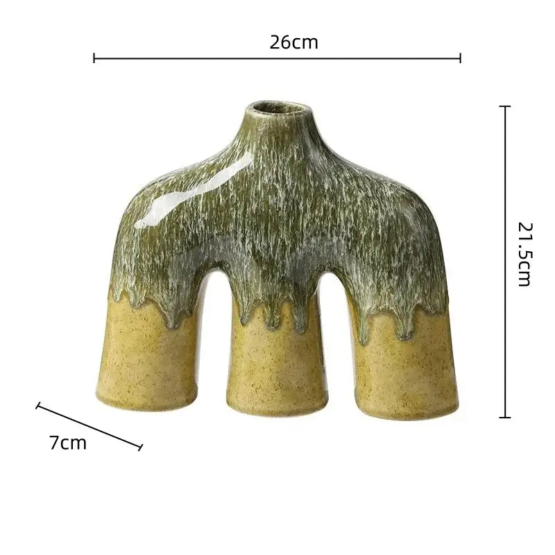 Abstract green and yellow kiln-changing glaze ceramic vase with three slender openings and drip design for living room decorbites