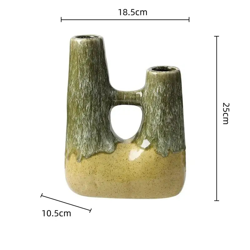 Abstract green and yellow kiln-changing glaze ceramic vase with dual openings and central handle for living room decorbites decor