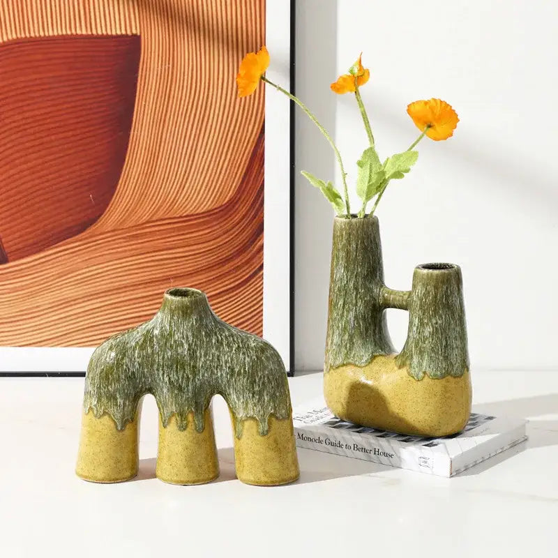 Two abstract green and yellow glaze ceramic vases with kiln-changing glaze for living room decor by decorbites